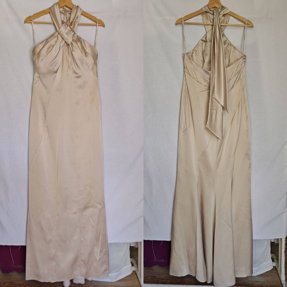 Karen Millen Gown Dress Halter Neck Draped Champagne Column Mermaid Satin US 10
